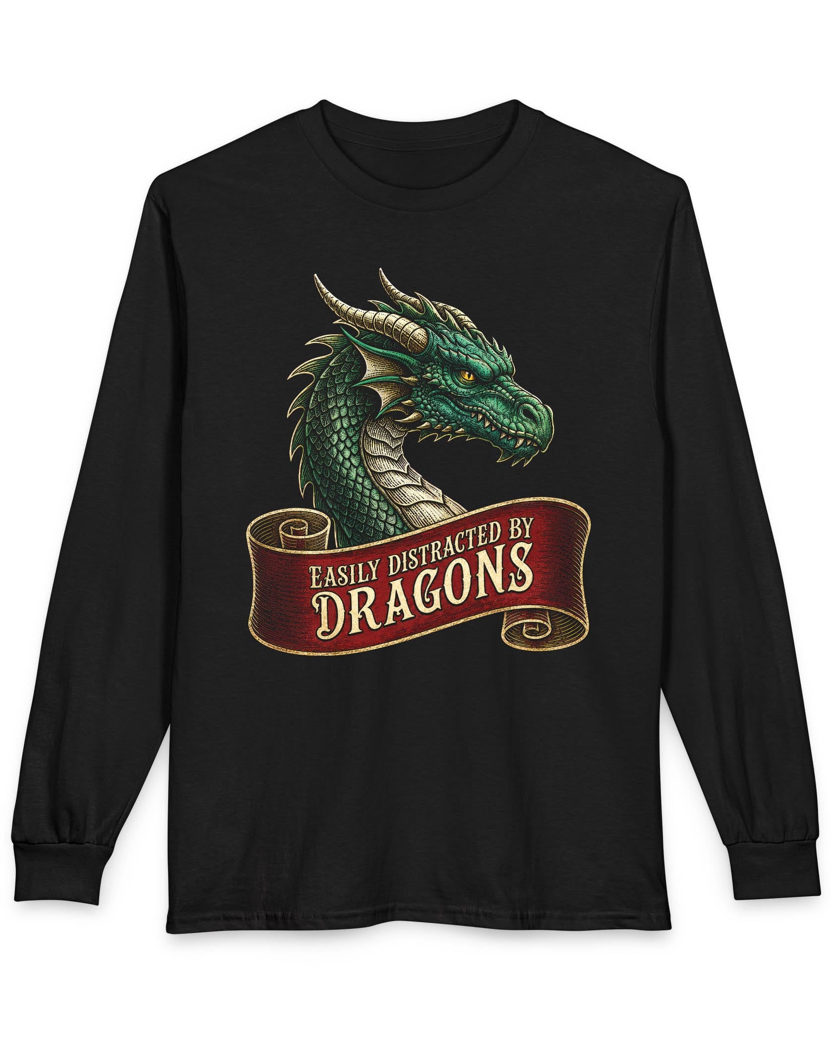 Easily Distracted shirt in black featuring a green dragon above a red banner reading Easily Distracted by Dragons