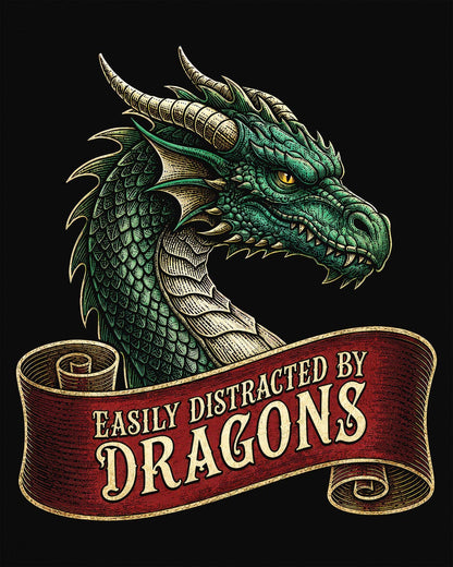 Easily Distracted shirt in black featuring a green dragon above a red banner reading Easily Distracted by Dragons