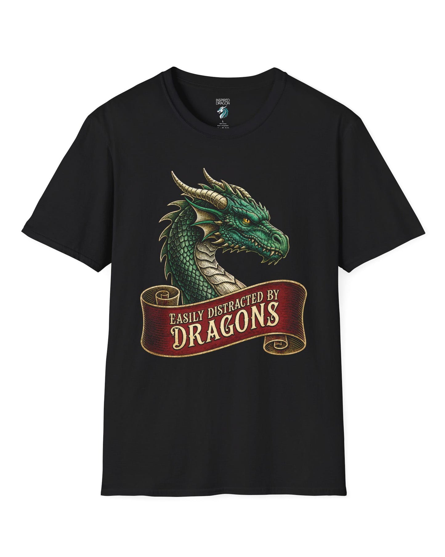 Easily Distracted shirt in black featuring a green dragon above a red banner reading Easily Distracted by Dragons
