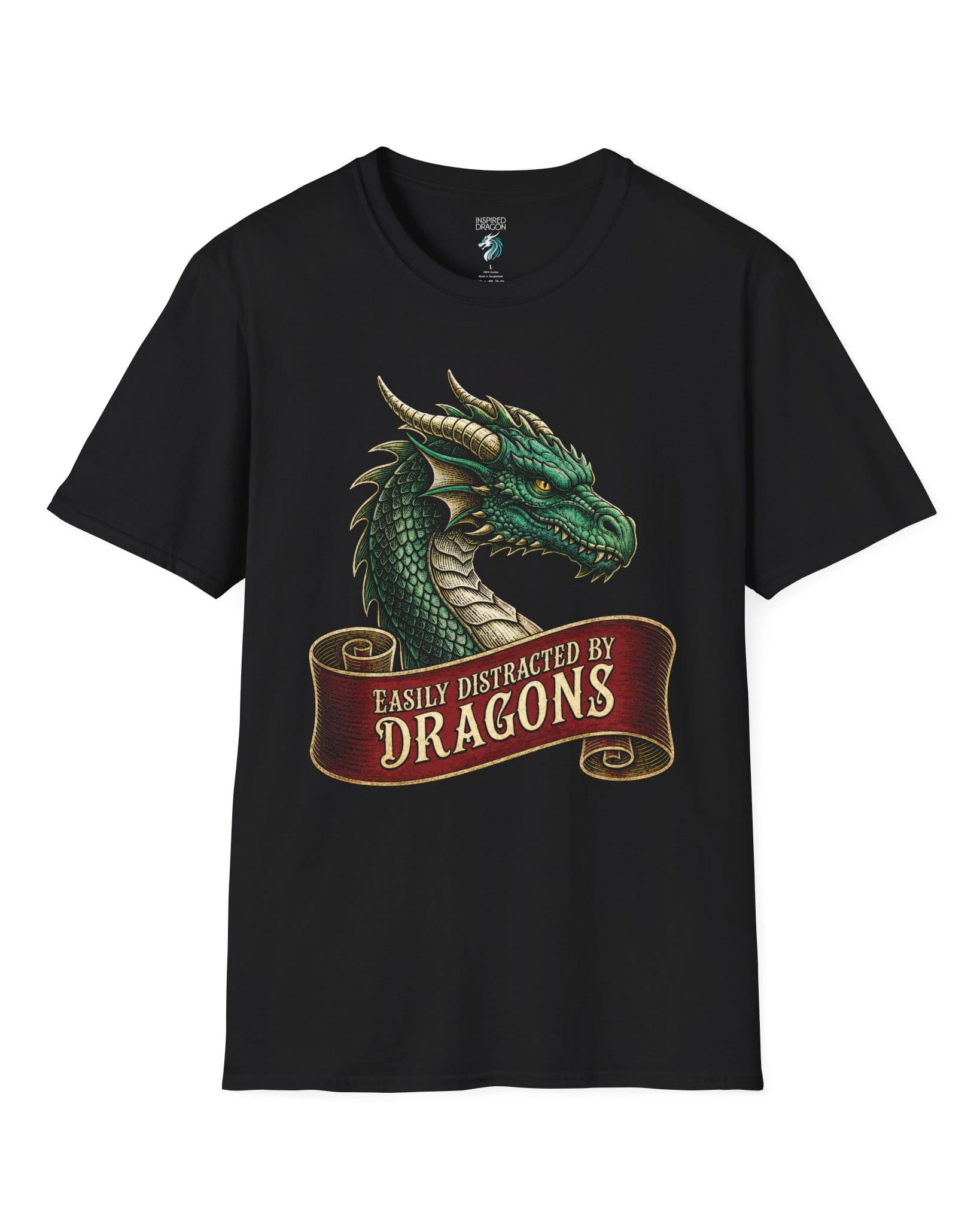 Easily Distracted shirt in black featuring a green dragon above a red banner reading Easily Distracted by Dragons