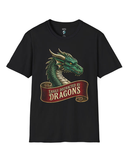 Easily Distracted shirt in black featuring a green dragon above a red banner reading Easily Distracted by Dragons