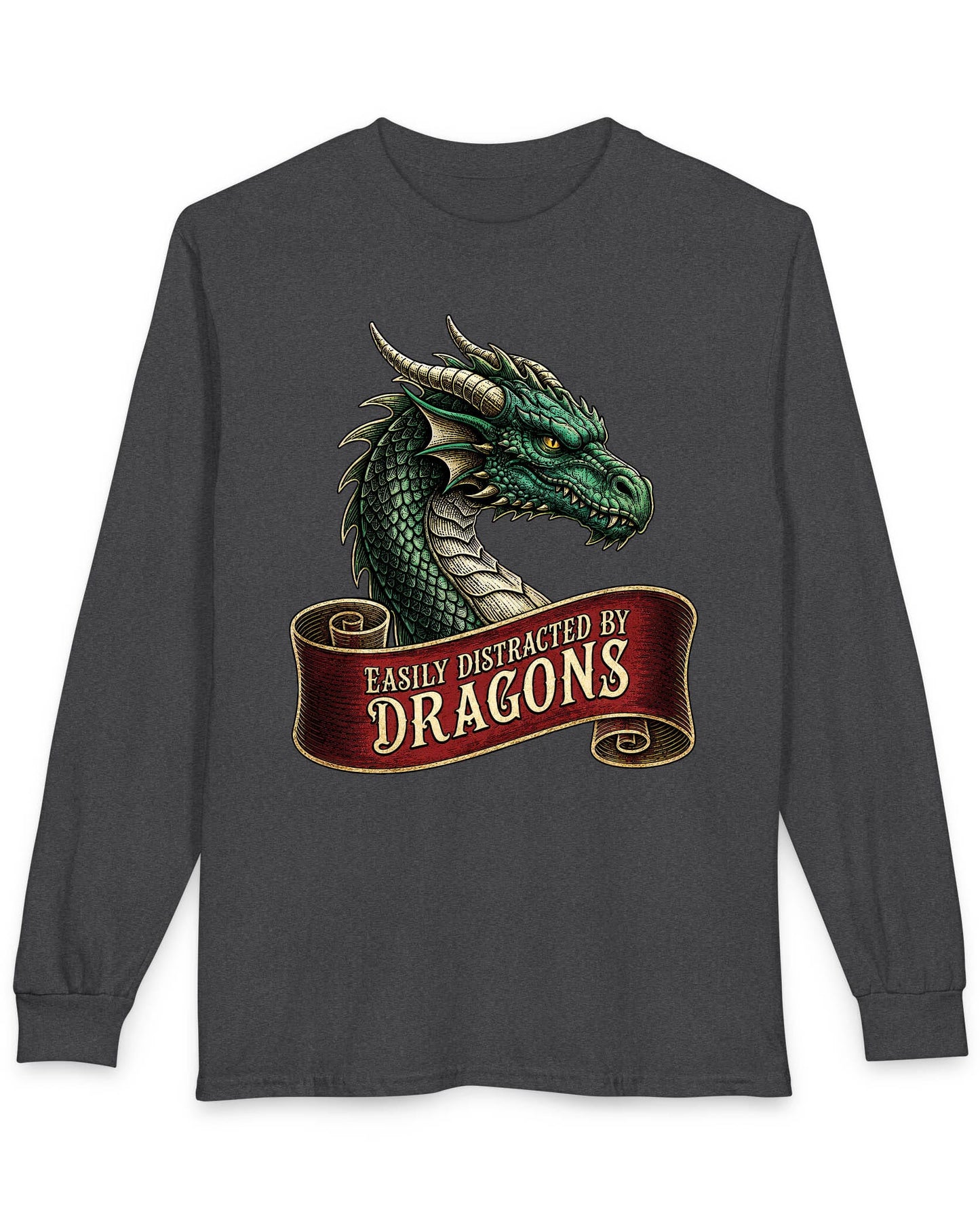 Easily Distracted shirt in dark heather featuring a green dragon above a red banner reading Easily Distracted by Dragons