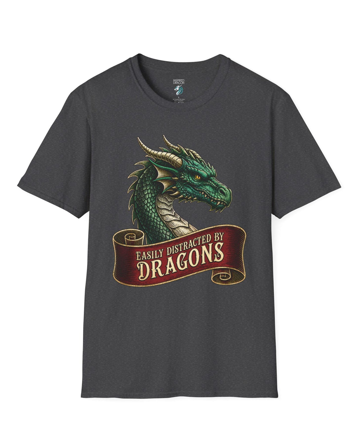 Easily Distracted shirt in dark heather featuring a green dragon above a red banner reading Easily Distracted by Dragons