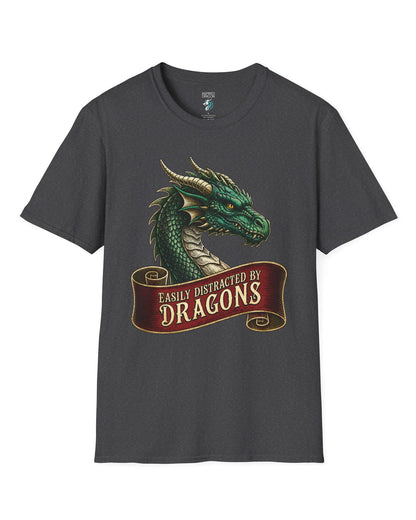 Easily Distracted shirt in dark heather featuring a green dragon above a red banner reading Easily Distracted by Dragons