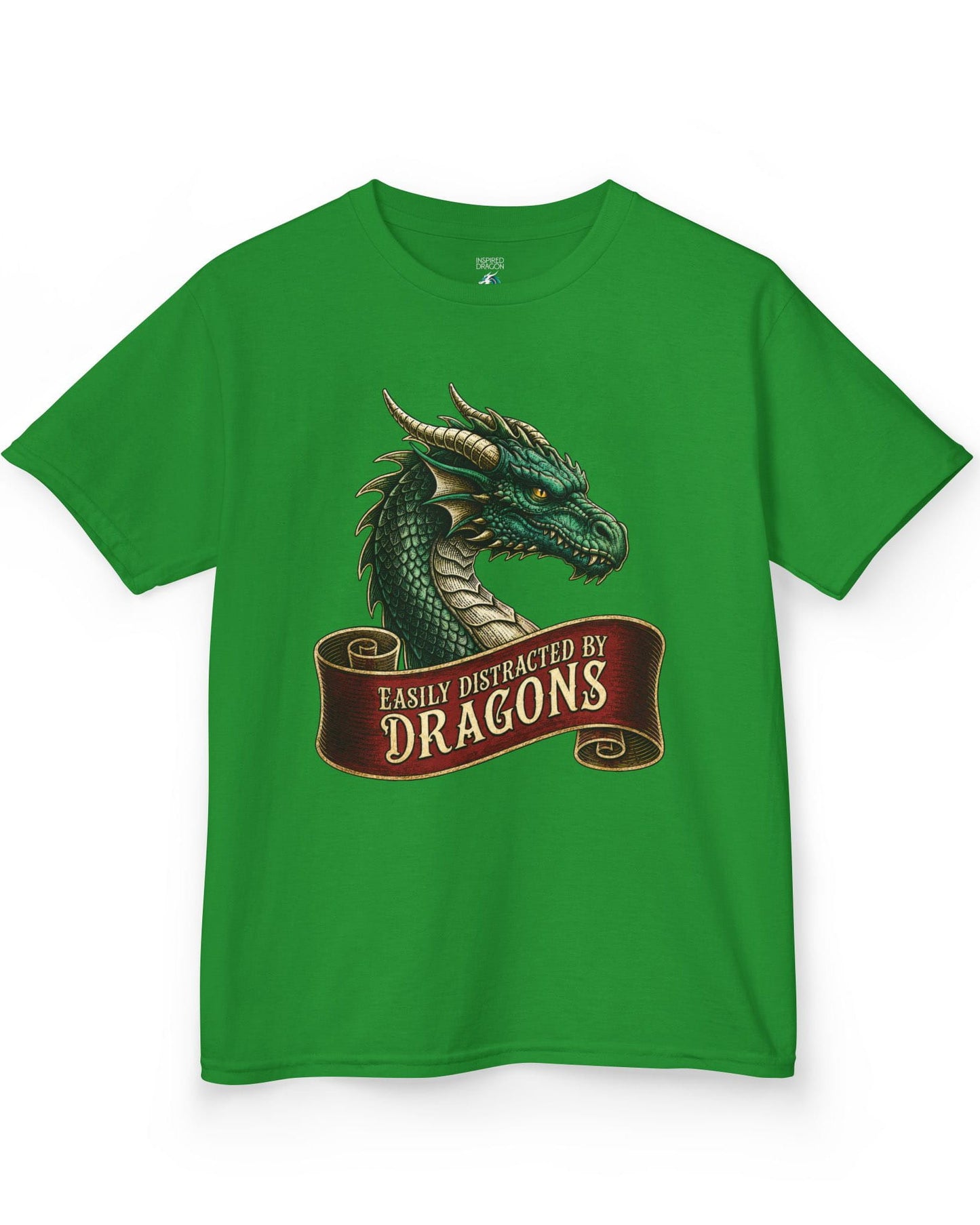 Easily Distracted shirt in Irish green featuring a green dragon above a red banner reading Easily Distracted by Dragons