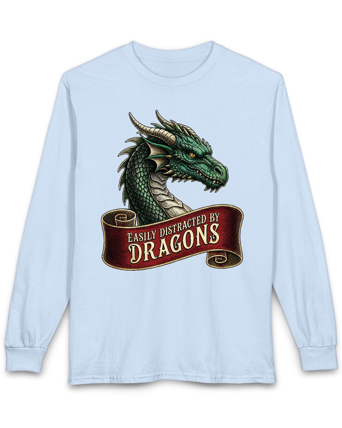 Easily Distracted shirt in light blue featuring a green dragon above a red banner reading Easily Distracted by Dragons