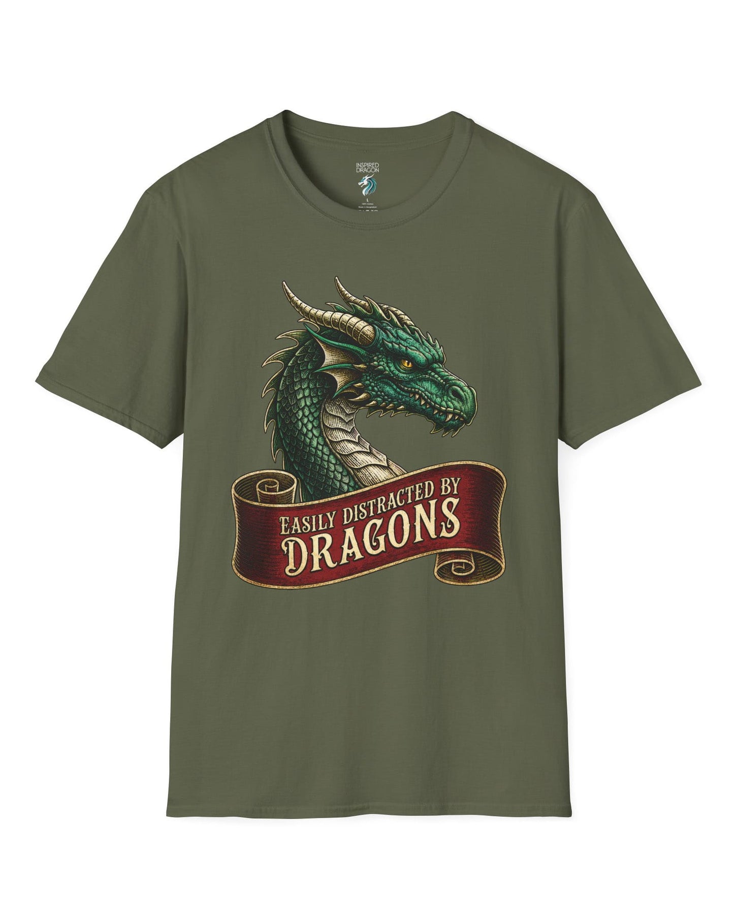 Easily Distracted shirt in military green featuring a green dragon above a red banner reading Easily Distracted by Dragons