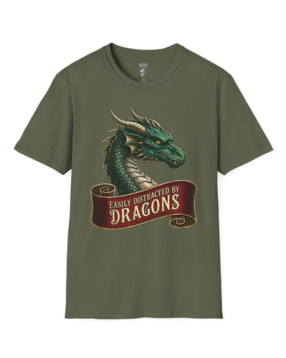 Easily Distracted shirt in military green featuring a green dragon above a red banner reading Easily Distracted by Dragons