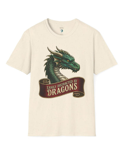 Easily Distracted shirt in natural featuring a green dragon above a red banner reading Easily Distracted by Dragons