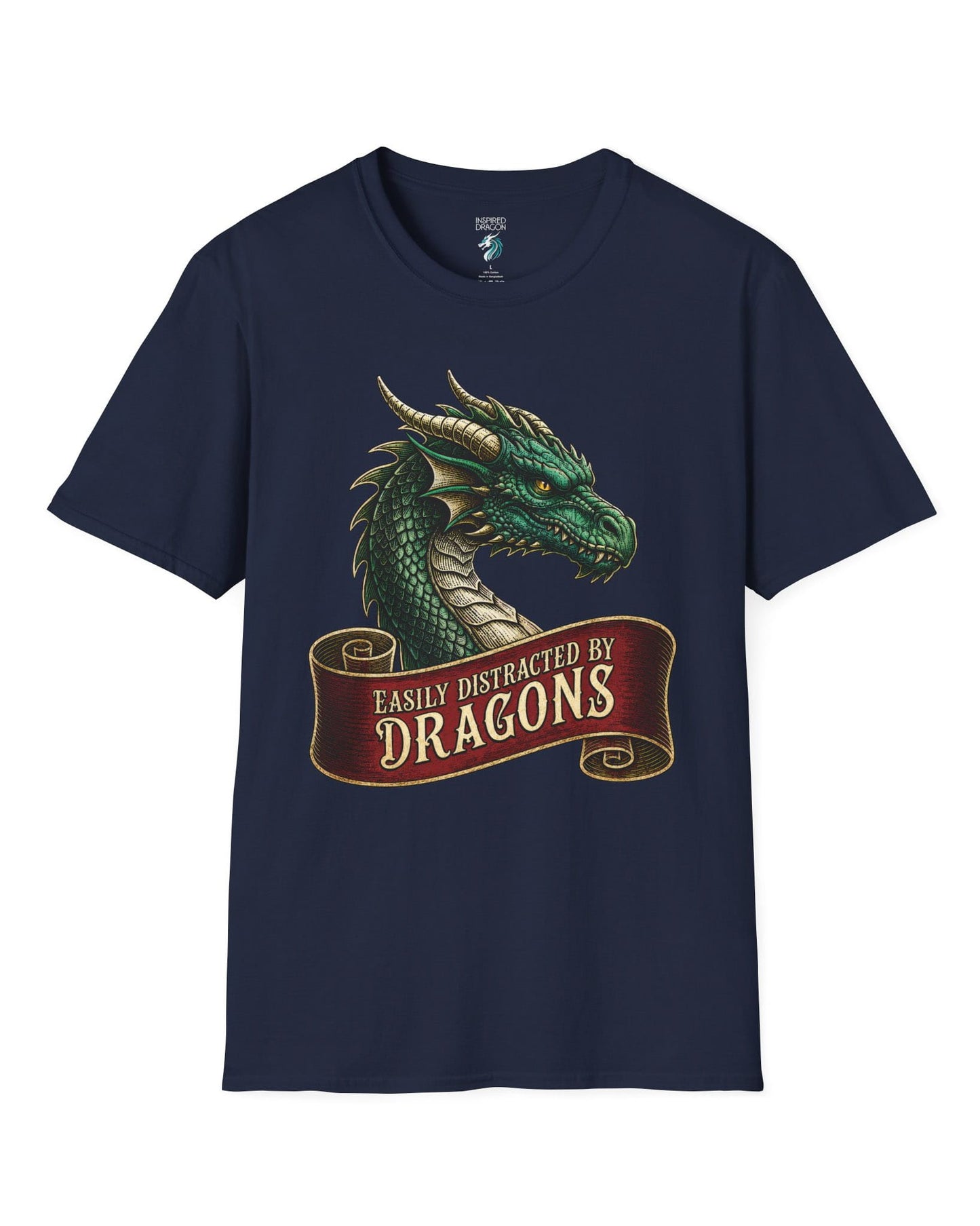 Easily Distracted shirt in navy featuring a green dragon above a red banner reading Easily Distracted by Dragons