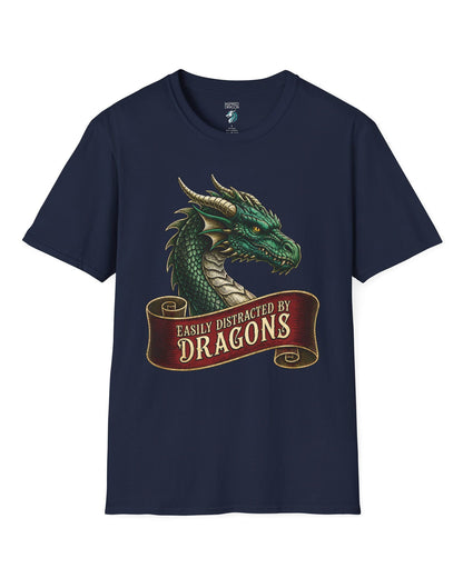 Easily Distracted shirt in navy featuring a green dragon above a red banner reading Easily Distracted by Dragons