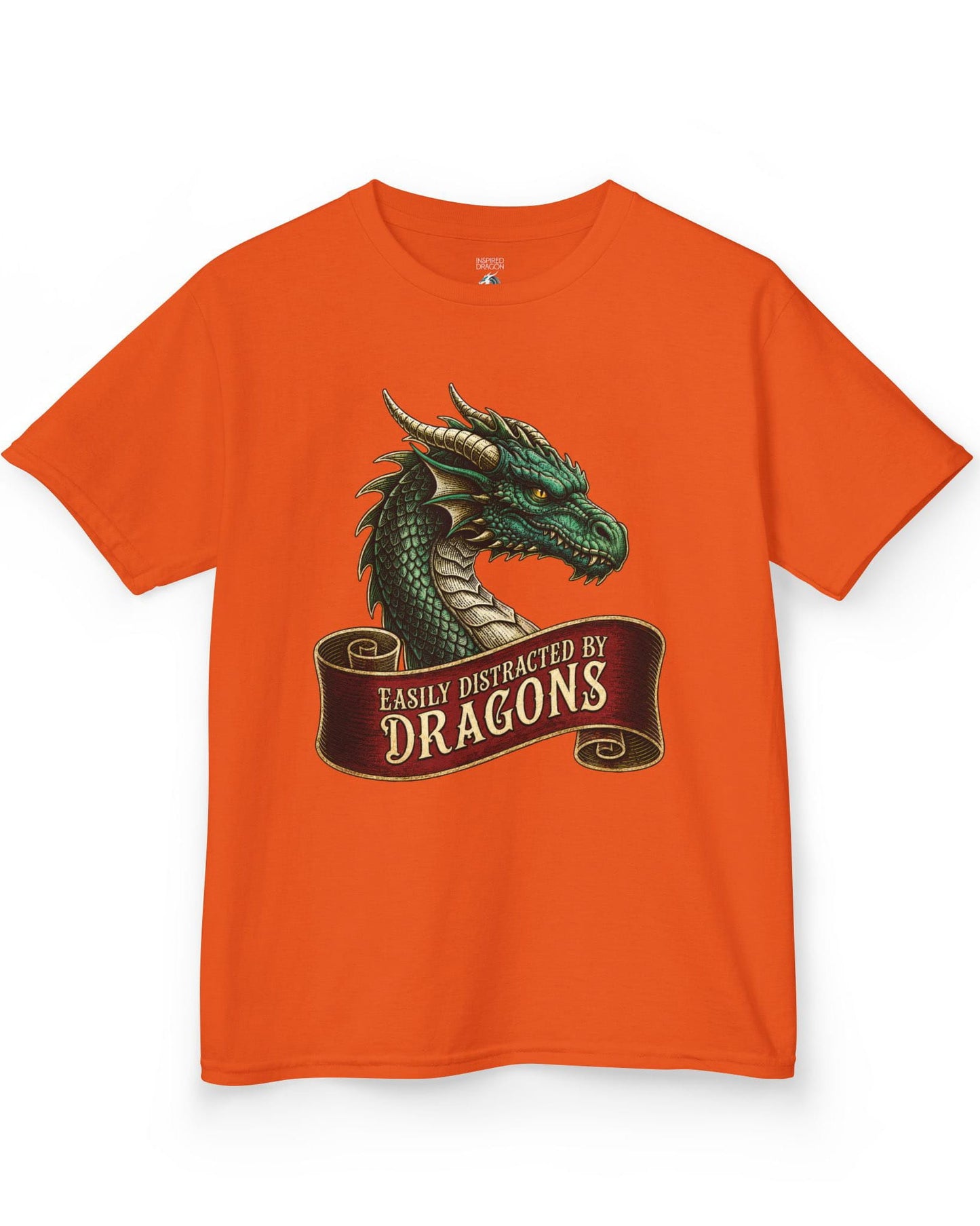 Easily Distracted shirt in orange featuring a green dragon above a red banner reading Easily Distracted by Dragons
