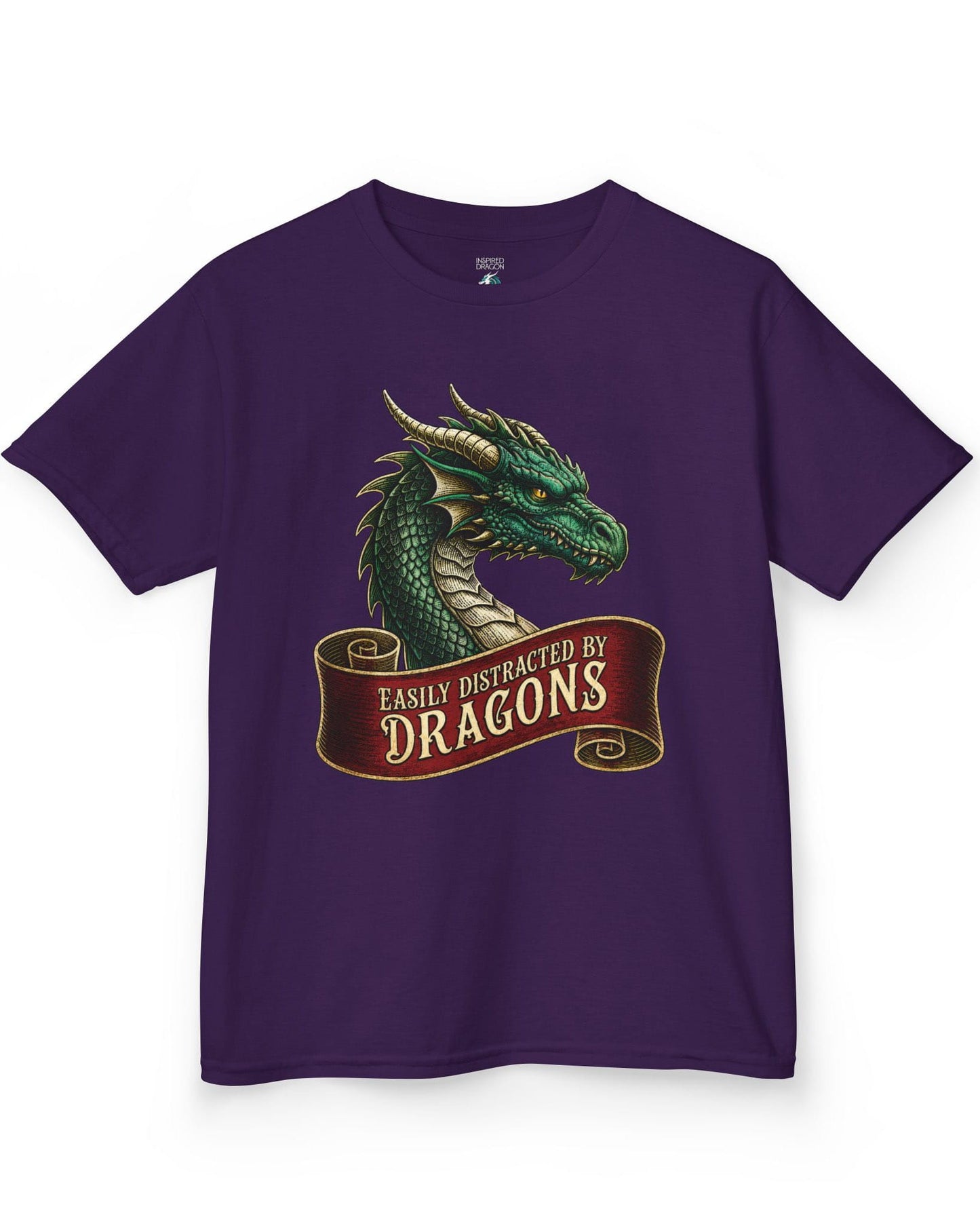 Easily Distracted shirt in purple featuring a green dragon above a red banner reading Easily Distracted by Dragons