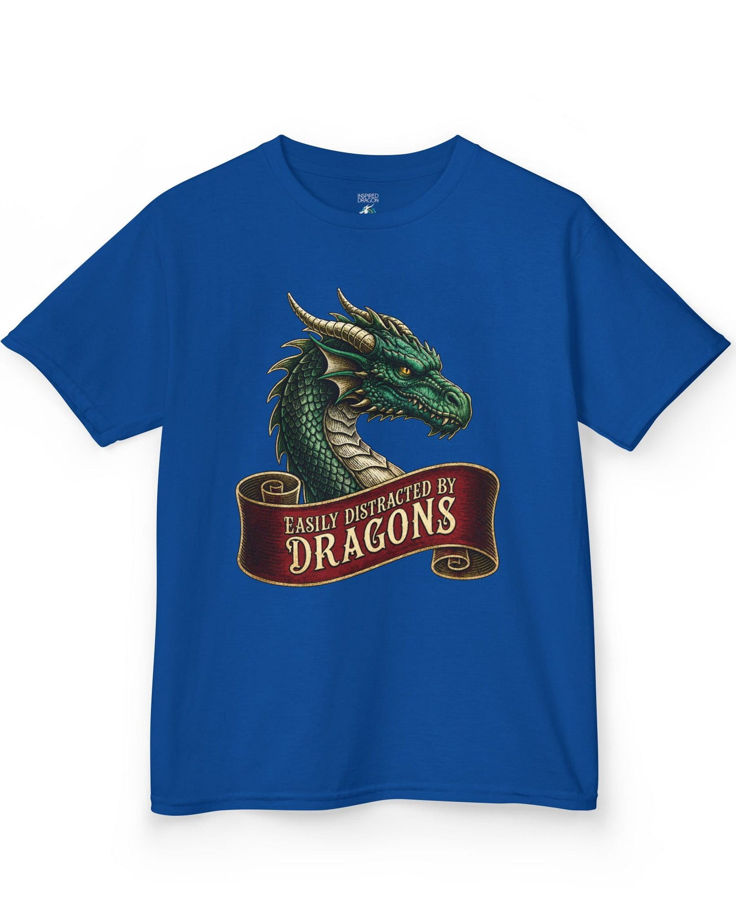 Easily Distracted shirt in royal blue featuring a green dragon above a red banner reading Easily Distracted by Dragons