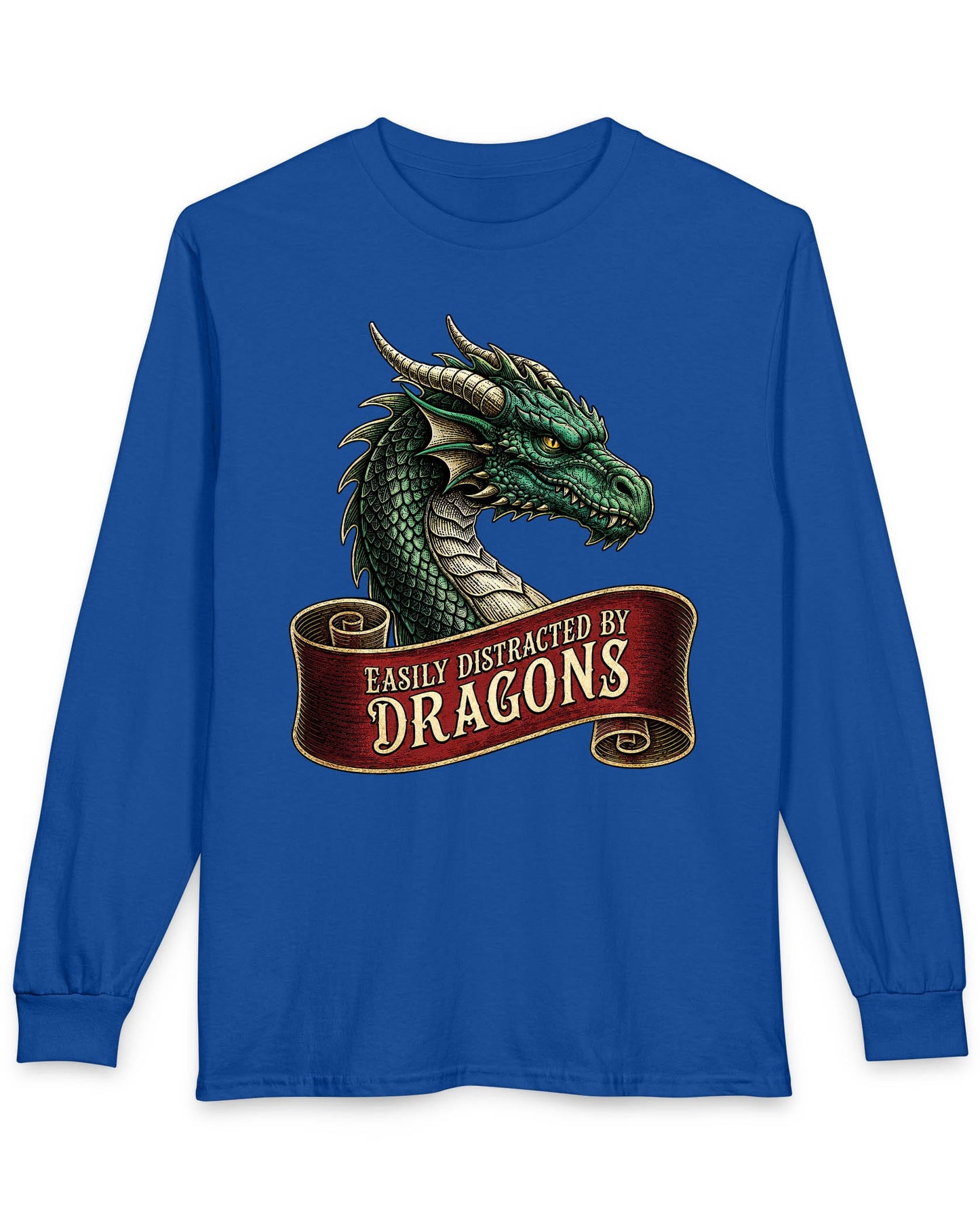 Easily Distracted shirt in royal blue featuring a green dragon above a red banner reading Easily Distracted by Dragons