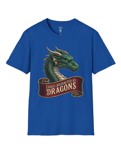 Easily Distracted shirt in royal blue featuring a green dragon above a red banner reading Easily Distracted by Dragons