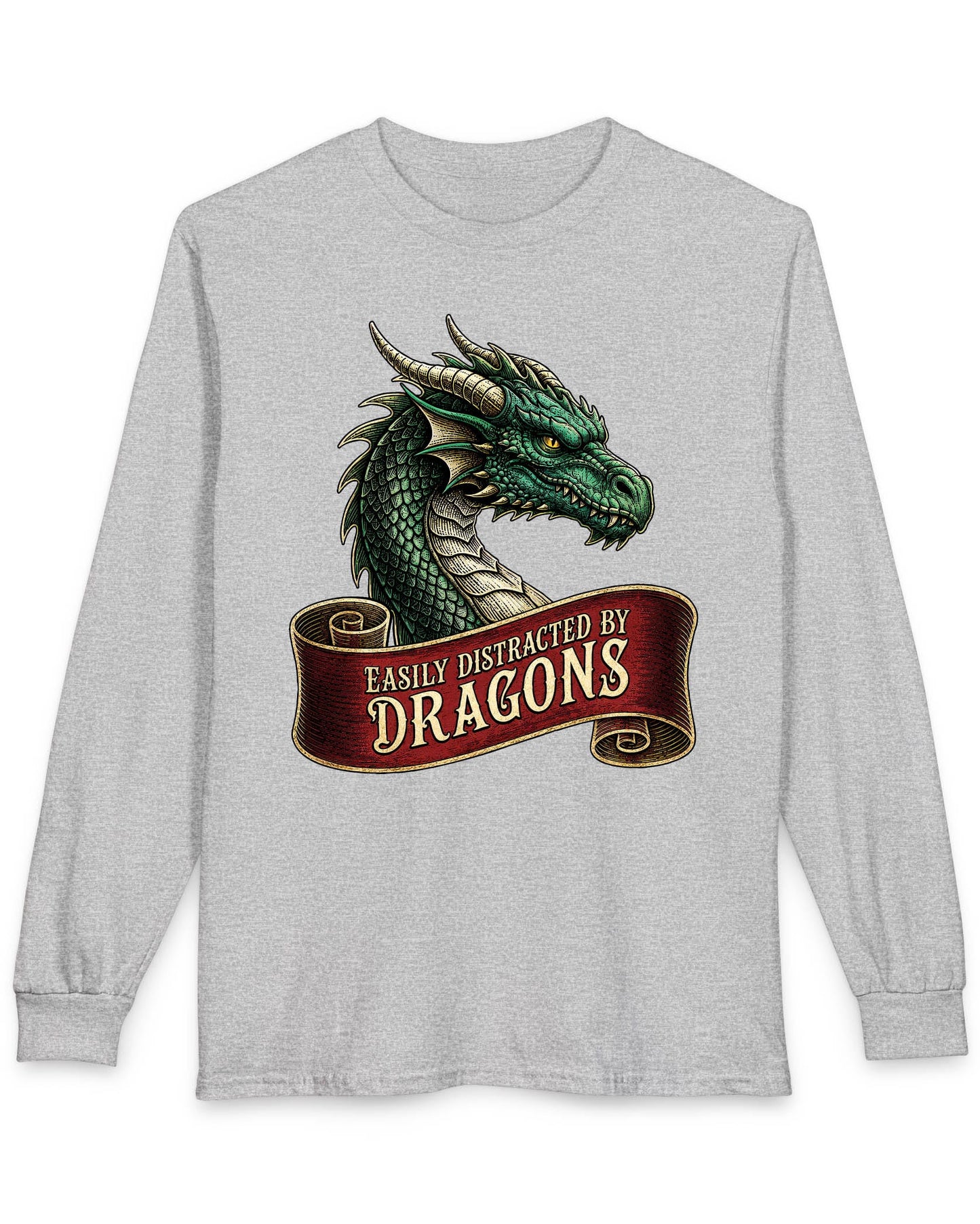 Easily Distracted shirt in sport grey featuring a green dragon above a red banner reading Easily Distracted by Dragons