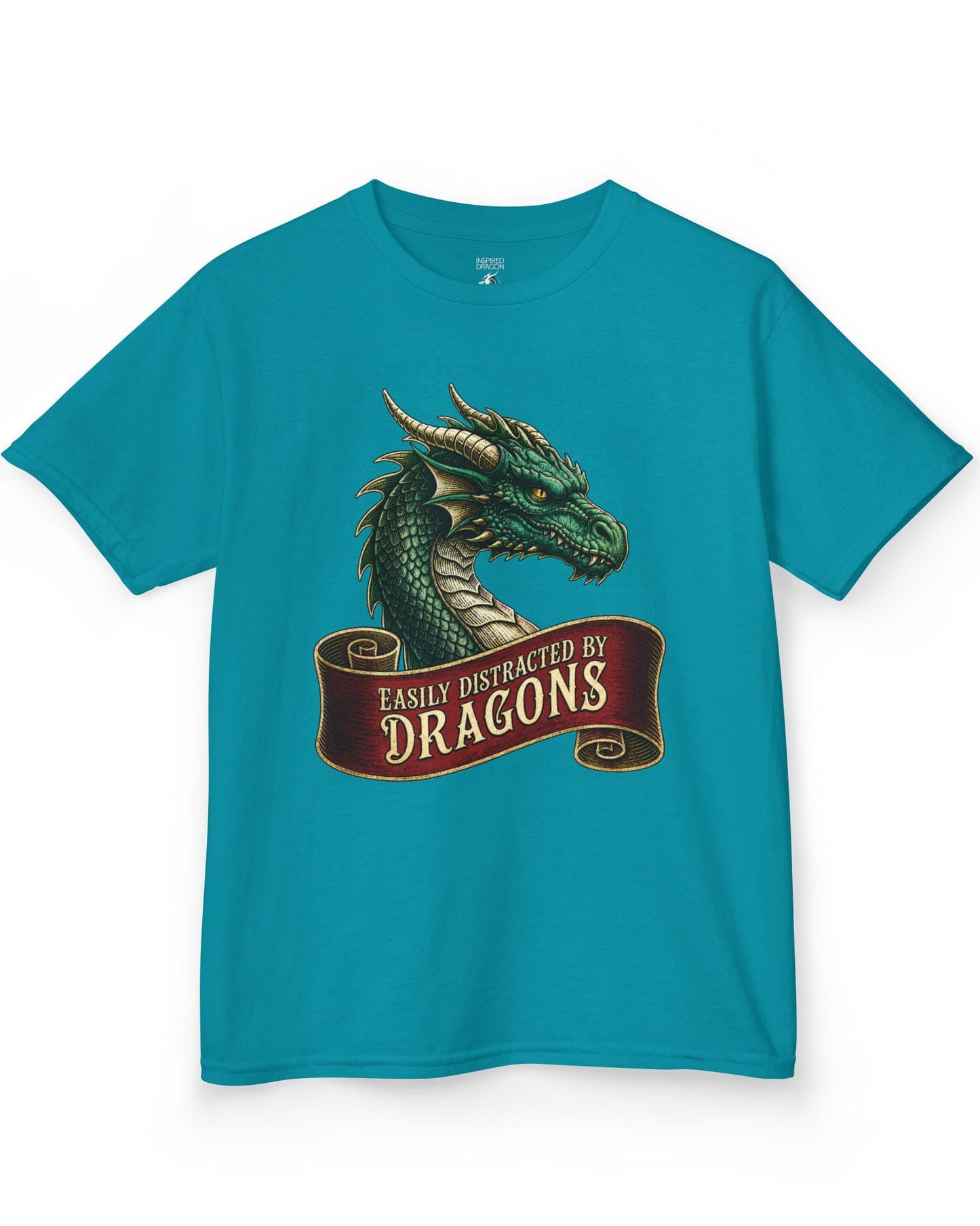 Easily Distracted shirt in tropical blue featuring a green dragon above a red banner reading Easily Distracted by Dragons