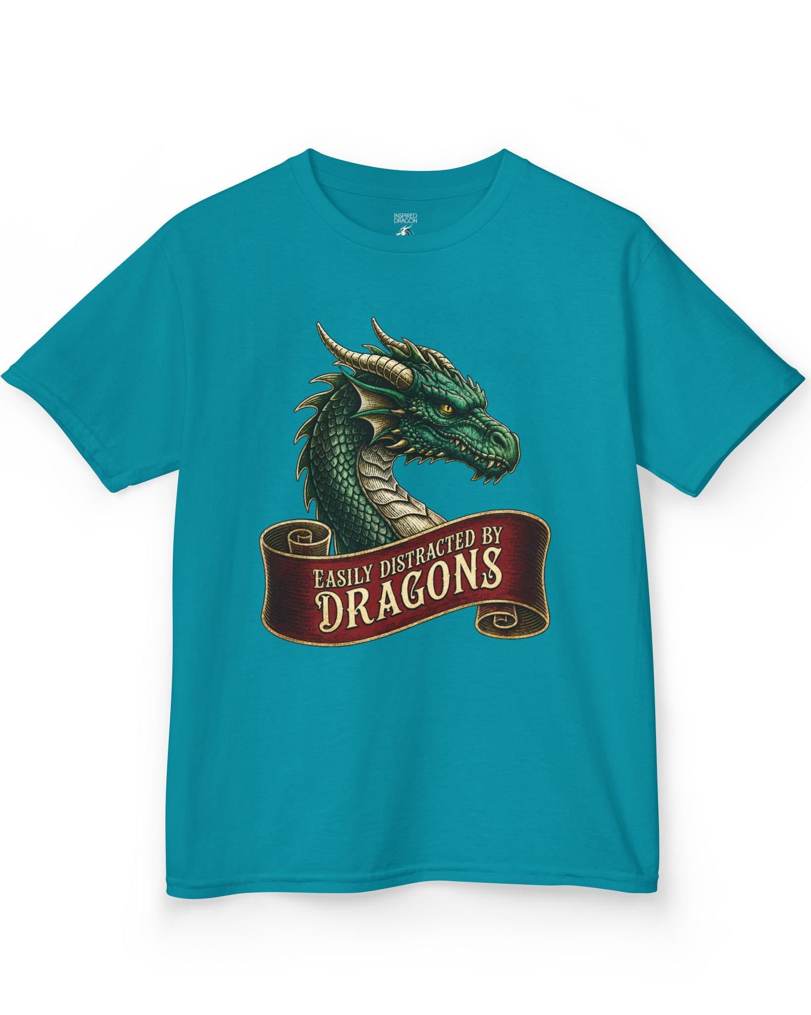 Easily Distracted shirt in tropical blue featuring a green dragon above a red banner reading Easily Distracted by Dragons