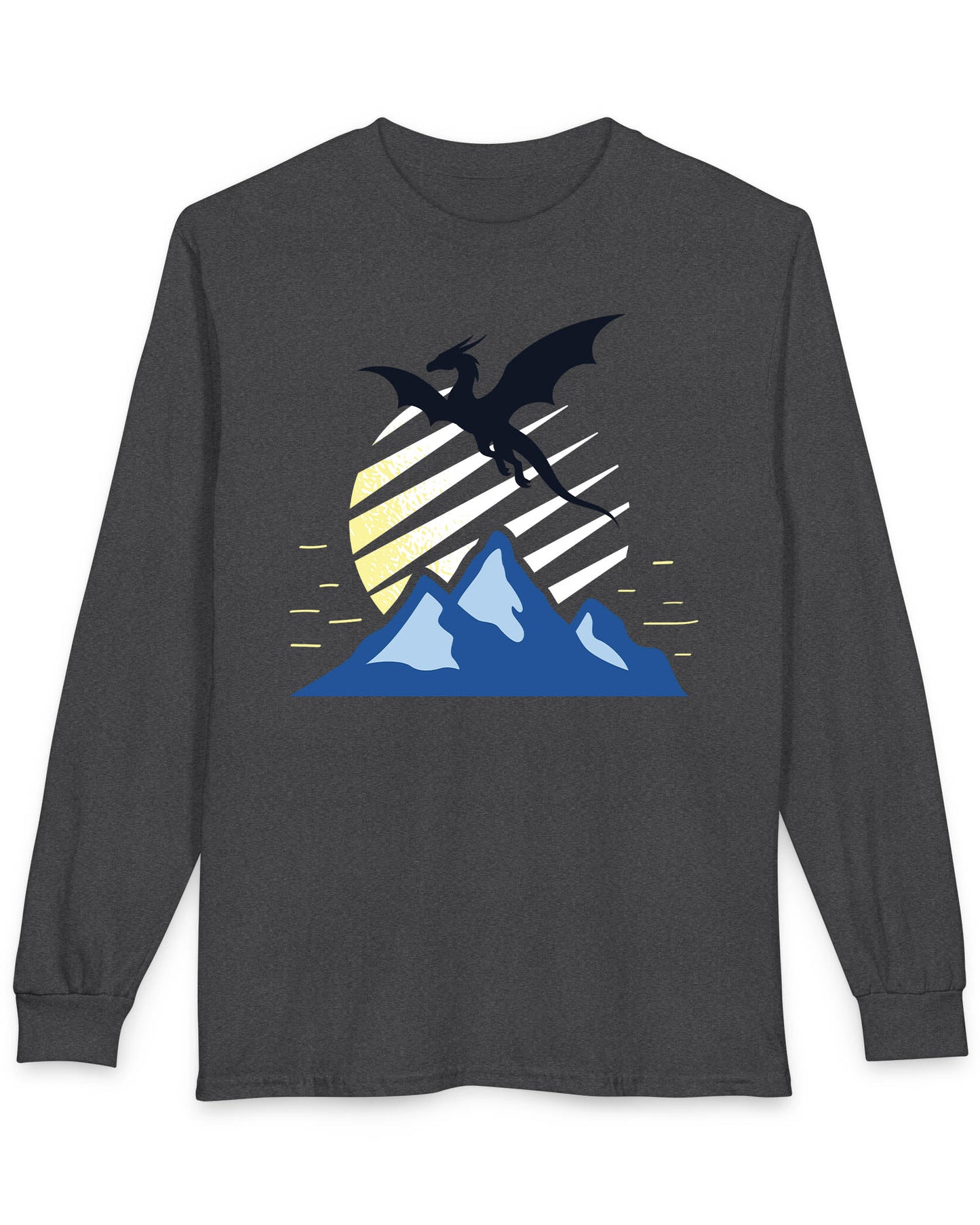 Above the Summit shirt in dark heather featuring a black dragon silhouette flying above blue mountains and a striped sun