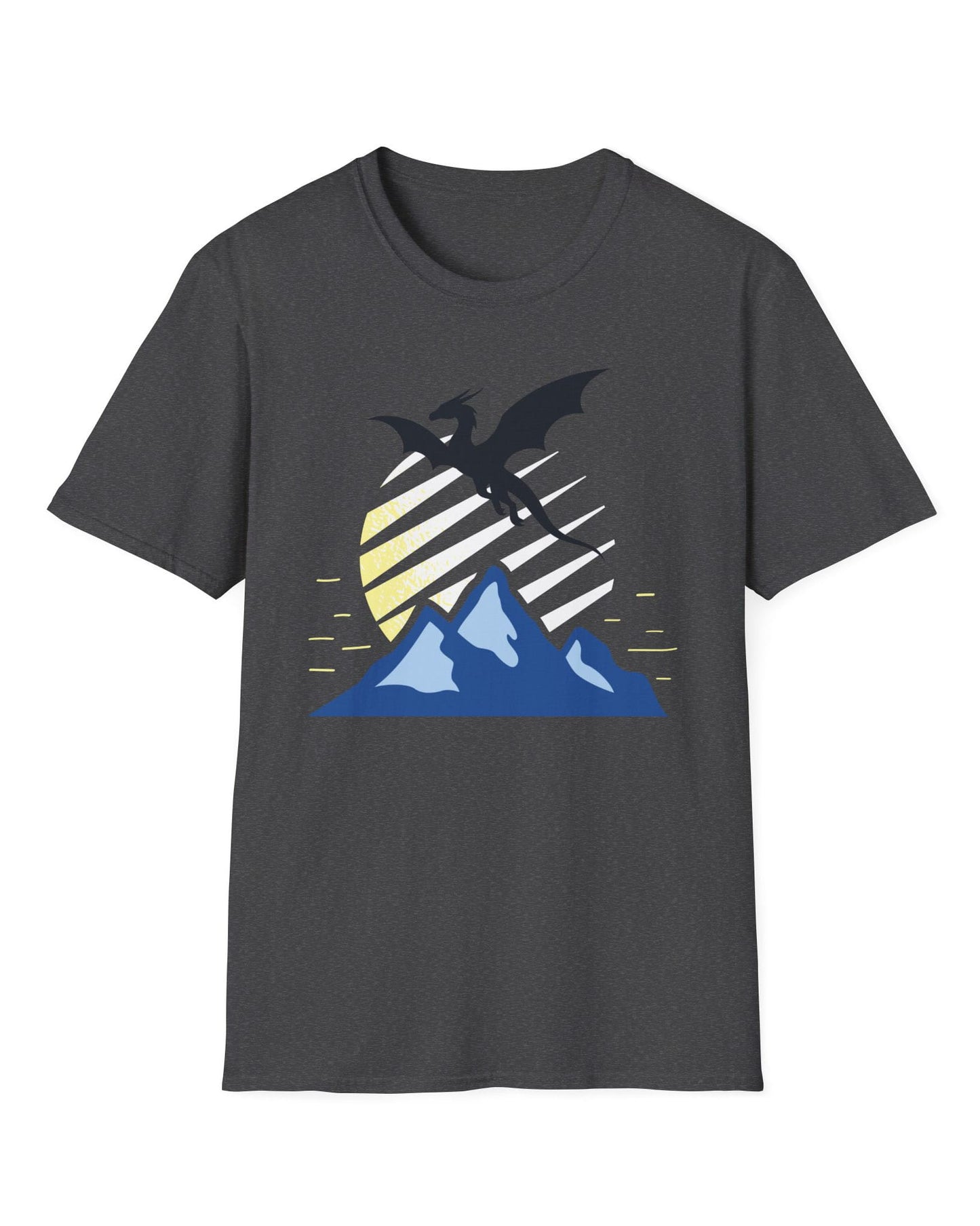 Above the Summit shirt in dark heather featuring a black dragon silhouette flying above blue mountains and a striped sun