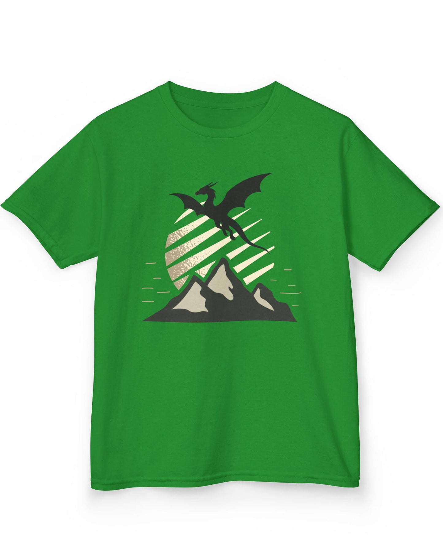 Above the Summit shirt in Irish green featuring a black dragon silhouette flying above grey mountains and a striped sun