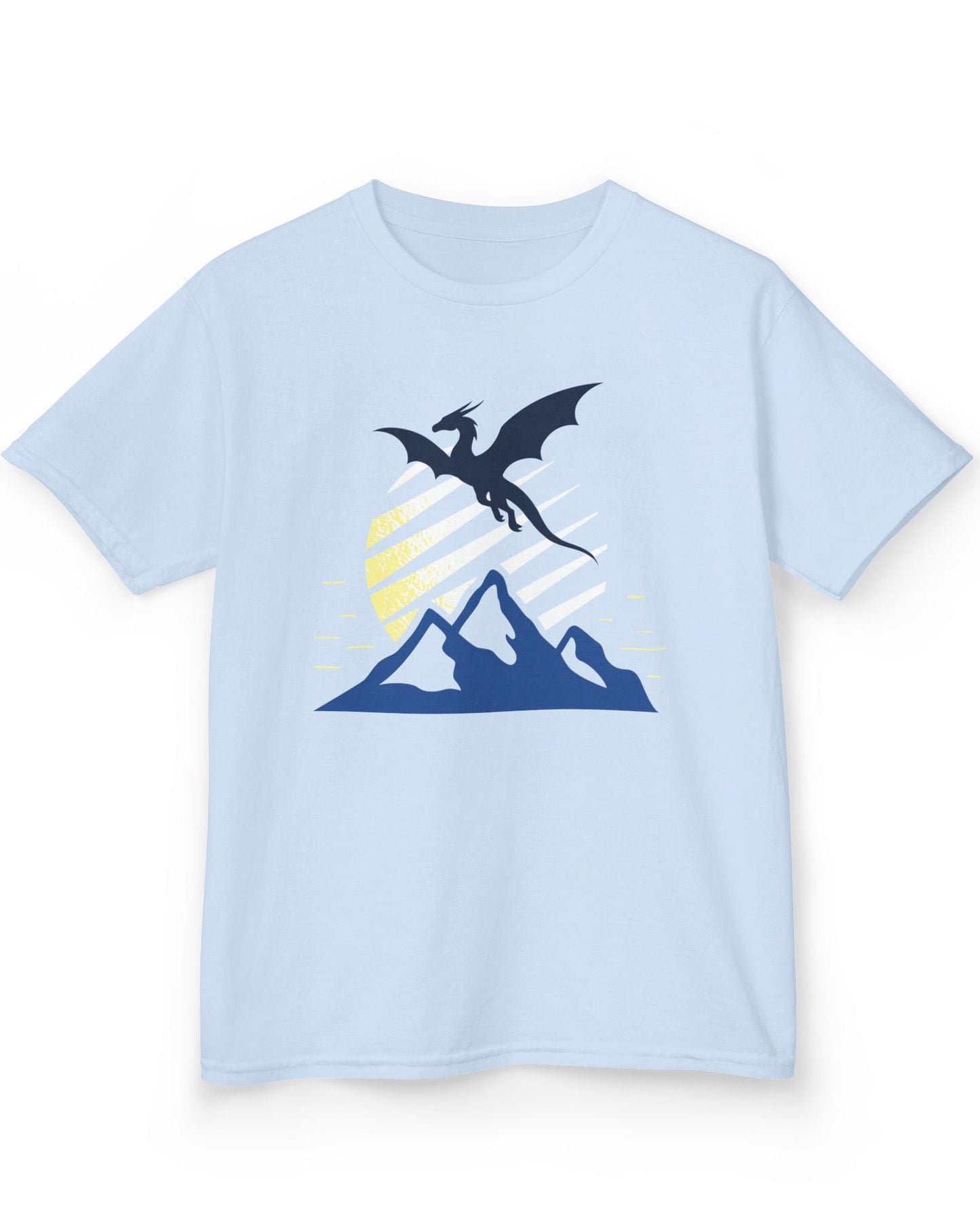 Above the Summit shirt in light blue featuring a navy dragon silhouette flying above blue mountains and a striped sun