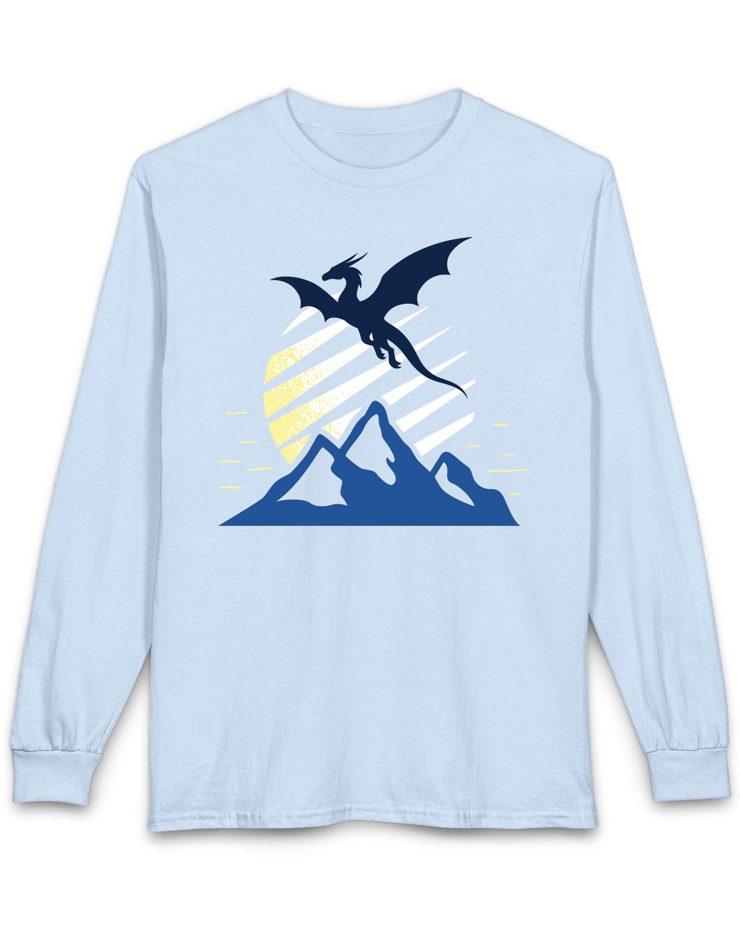 Above the Summit shirt in light blue featuring a navy dragon silhouette flying above blue mountains and a striped sun