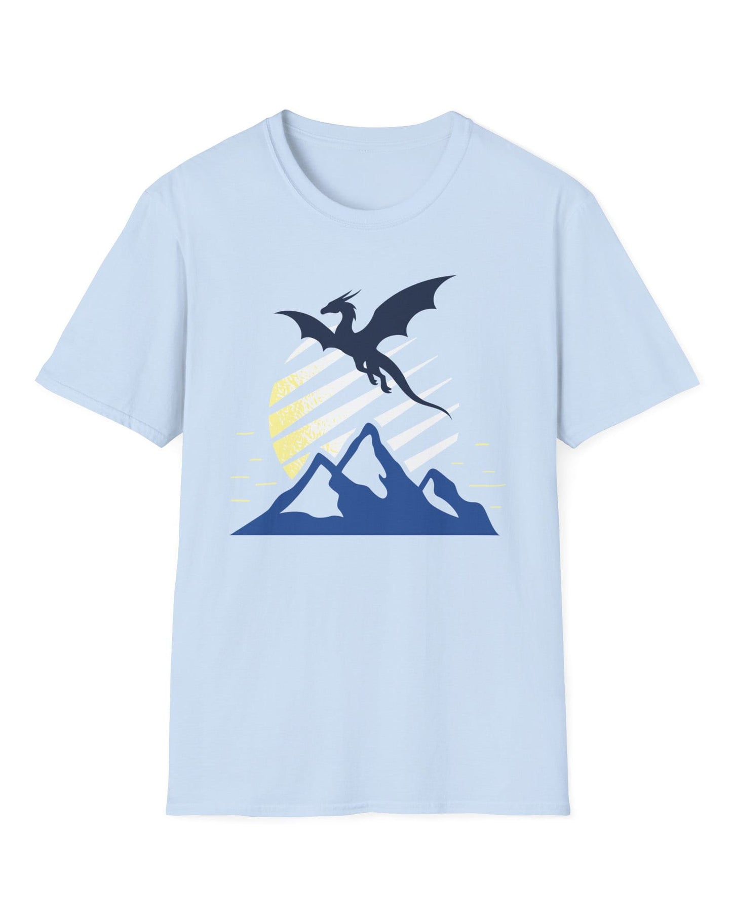 Above the Summit shirt in light blue featuring a navy dragon silhouette flying above blue mountains and a striped sun