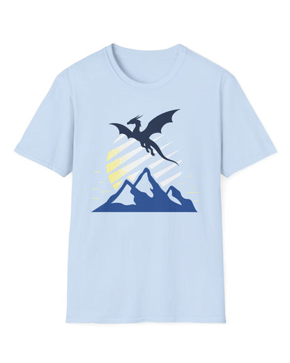 Above the Summit shirt in light blue featuring a navy dragon silhouette flying above blue mountains and a striped sun