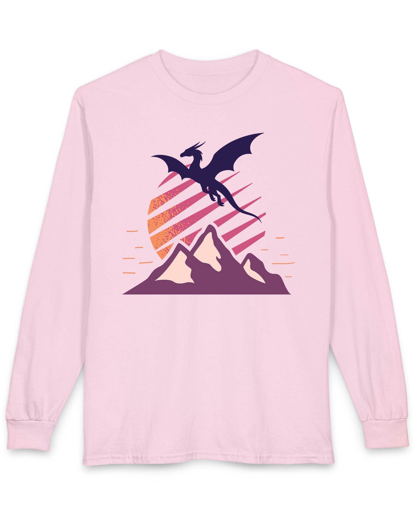 Above the Summit shirt in light pink featuring a purple dragon silhouette flying above purple mountains and a striped sun
