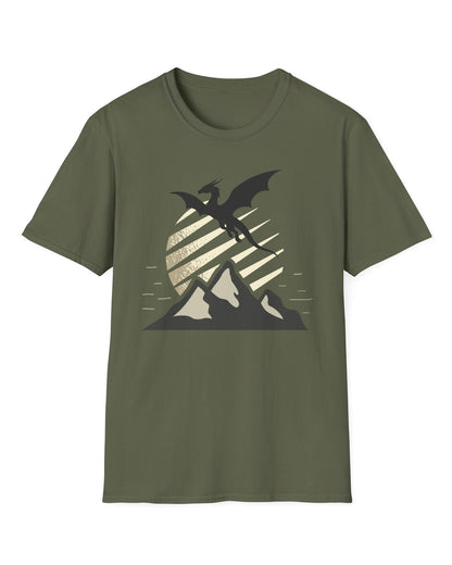 Above the Summit shirt in military green featuring a black dragon silhouette flying above grey mountains and a striped sun