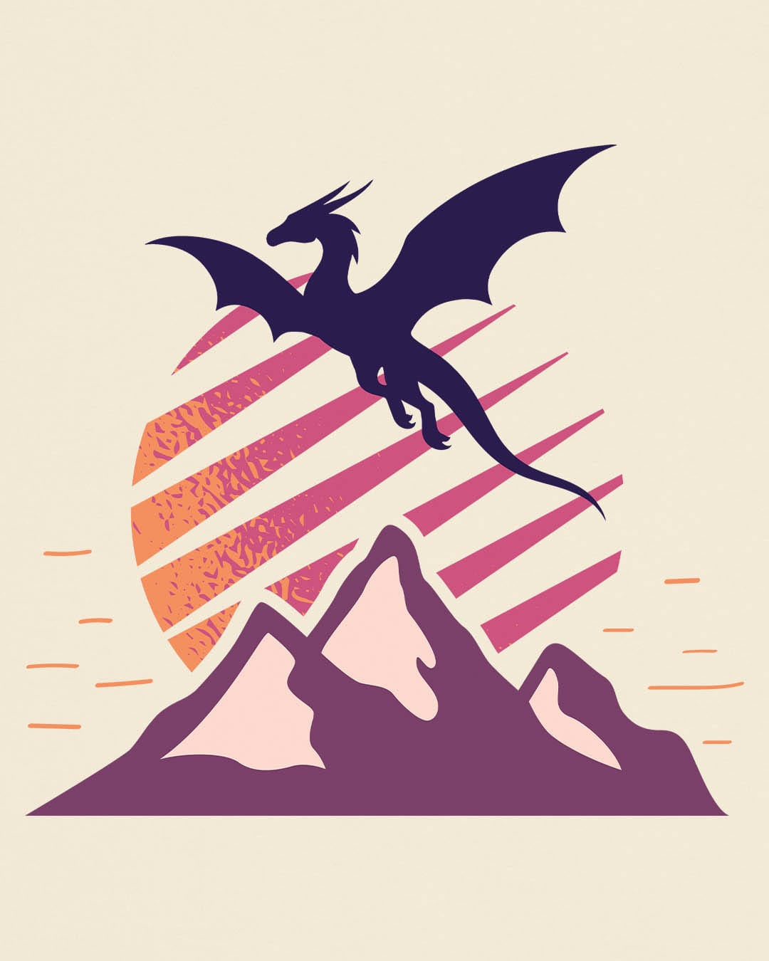 Above the Summit shirt in natural featuring a purple dragon silhouette flying above purple mountains and a striped sun