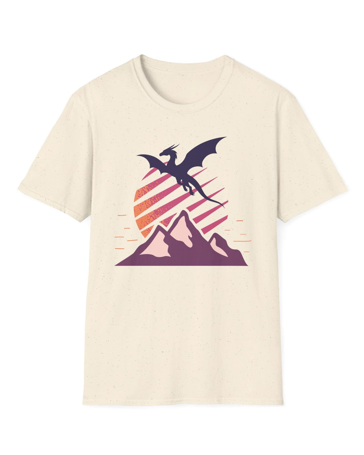 Above the Summit shirt in natural featuring a purple dragon silhouette flying above purple mountains and a striped sun