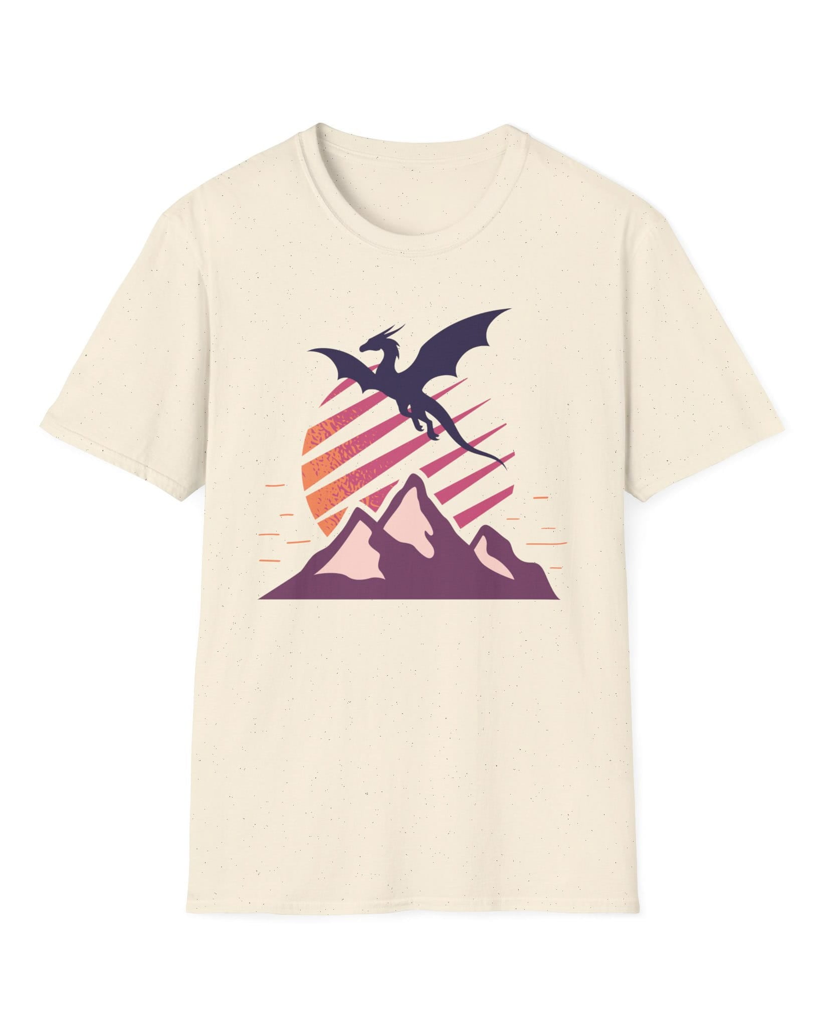 Above the Summit shirt in natural featuring a purple dragon silhouette flying above purple mountains and a striped sun