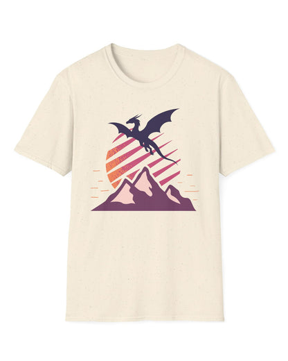 Above the Summit shirt in natural featuring a purple dragon silhouette flying above purple mountains and a striped sun