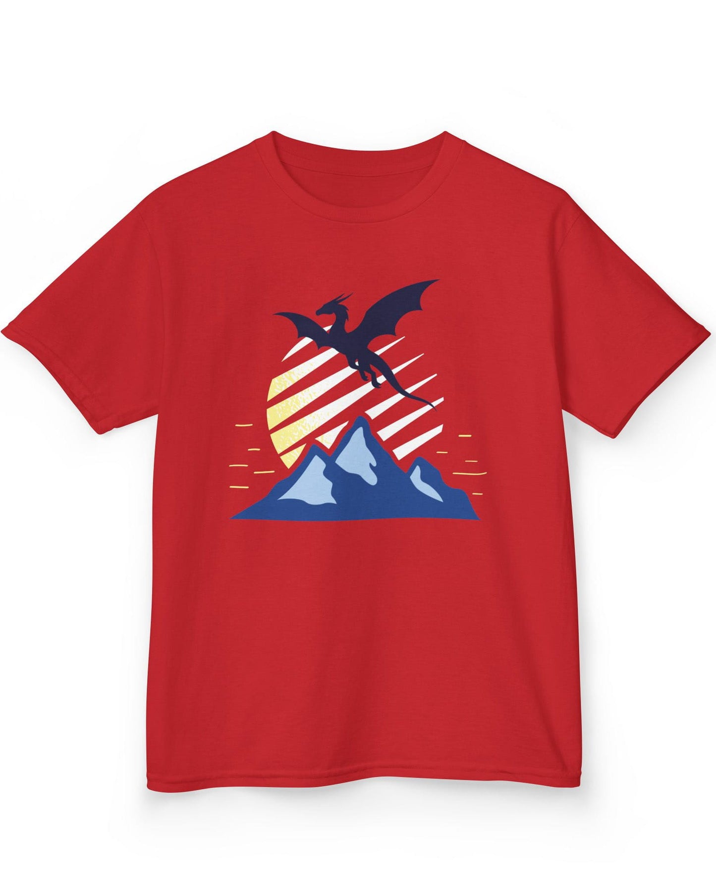 Above the Summit shirt in red featuring a navy dragon silhouette flying above blue mountains and a striped sun