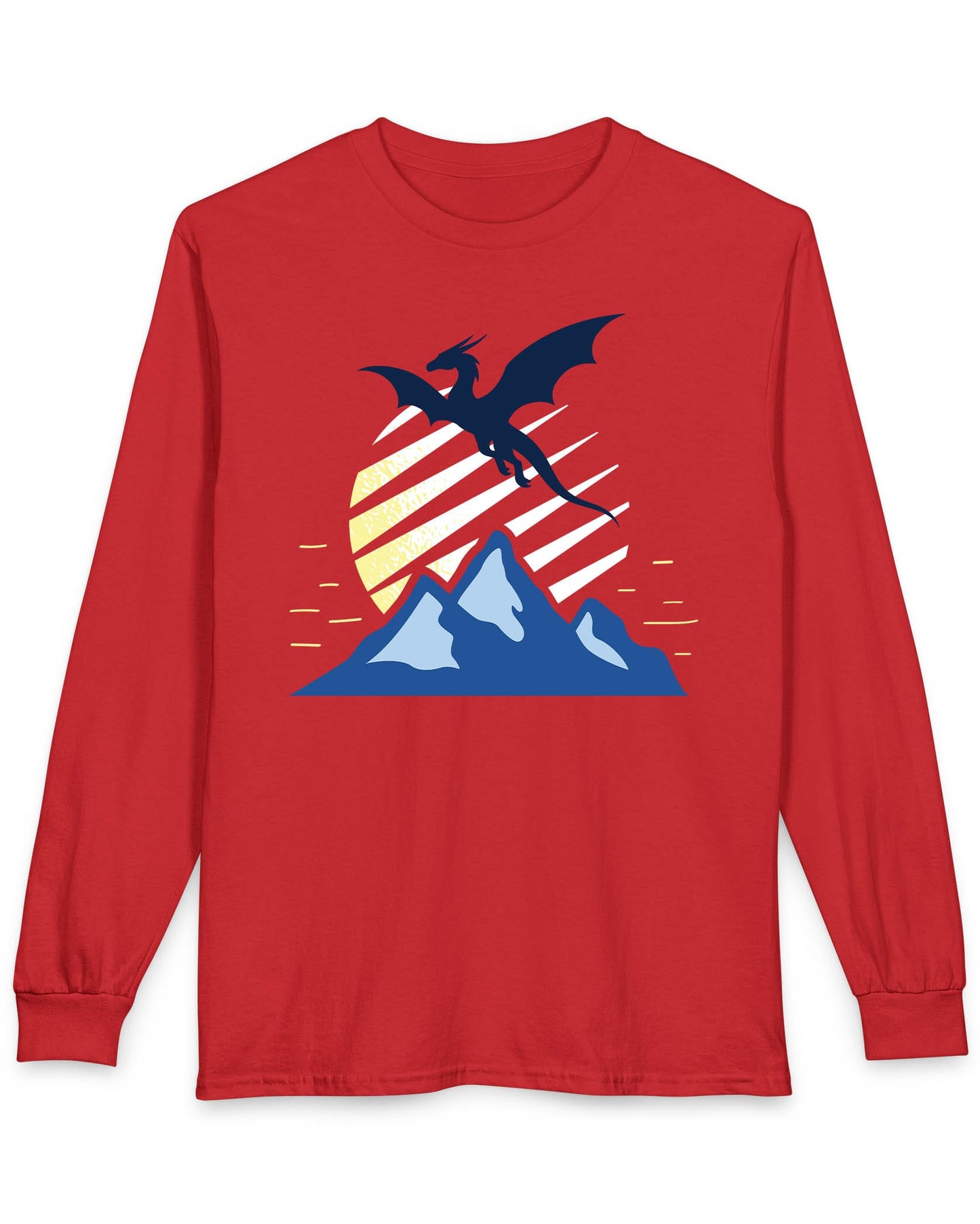 Above the Summit shirt in red featuring a navy dragon silhouette flying above blue mountains and a striped sun