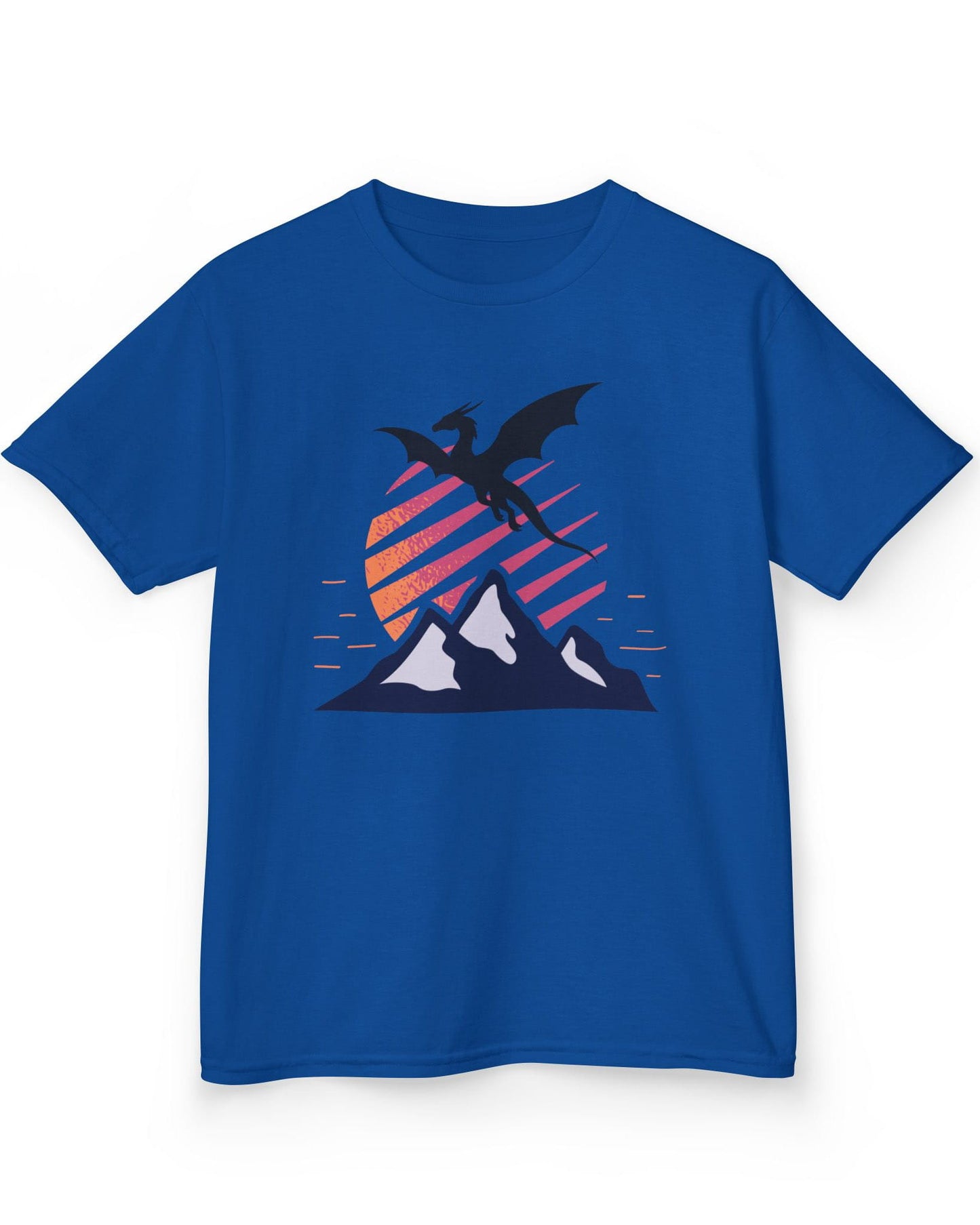 Above the Summit shirt in royal blue featuring a black dragon silhouette flying above blue mountains and a striped sun