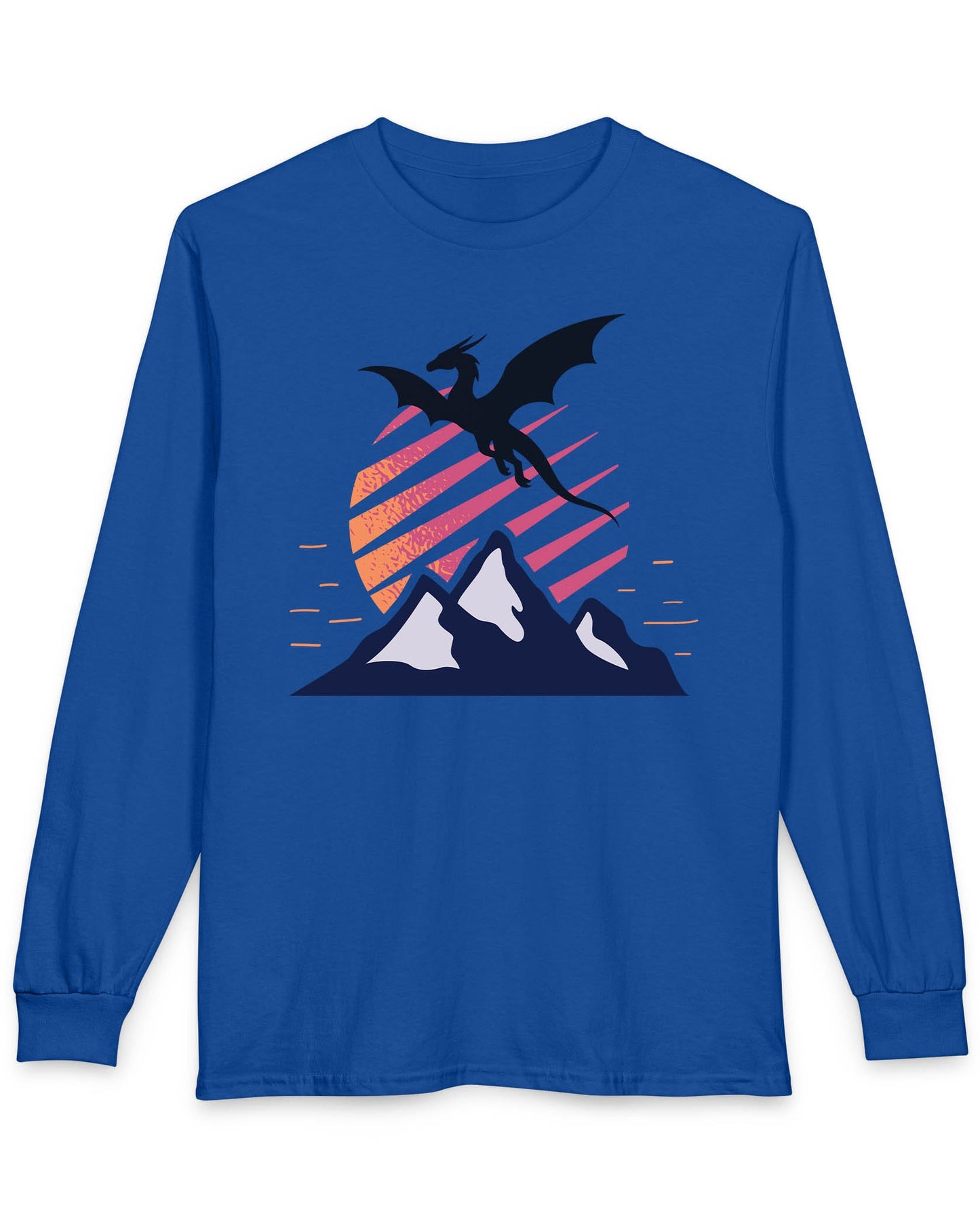 Above the Summit shirt in royal blue featuring a black dragon silhouette flying above blue mountains and a striped sun