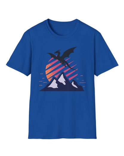 Above the Summit shirt in royal blue featuring a black dragon silhouette flying above blue mountains and a striped sun