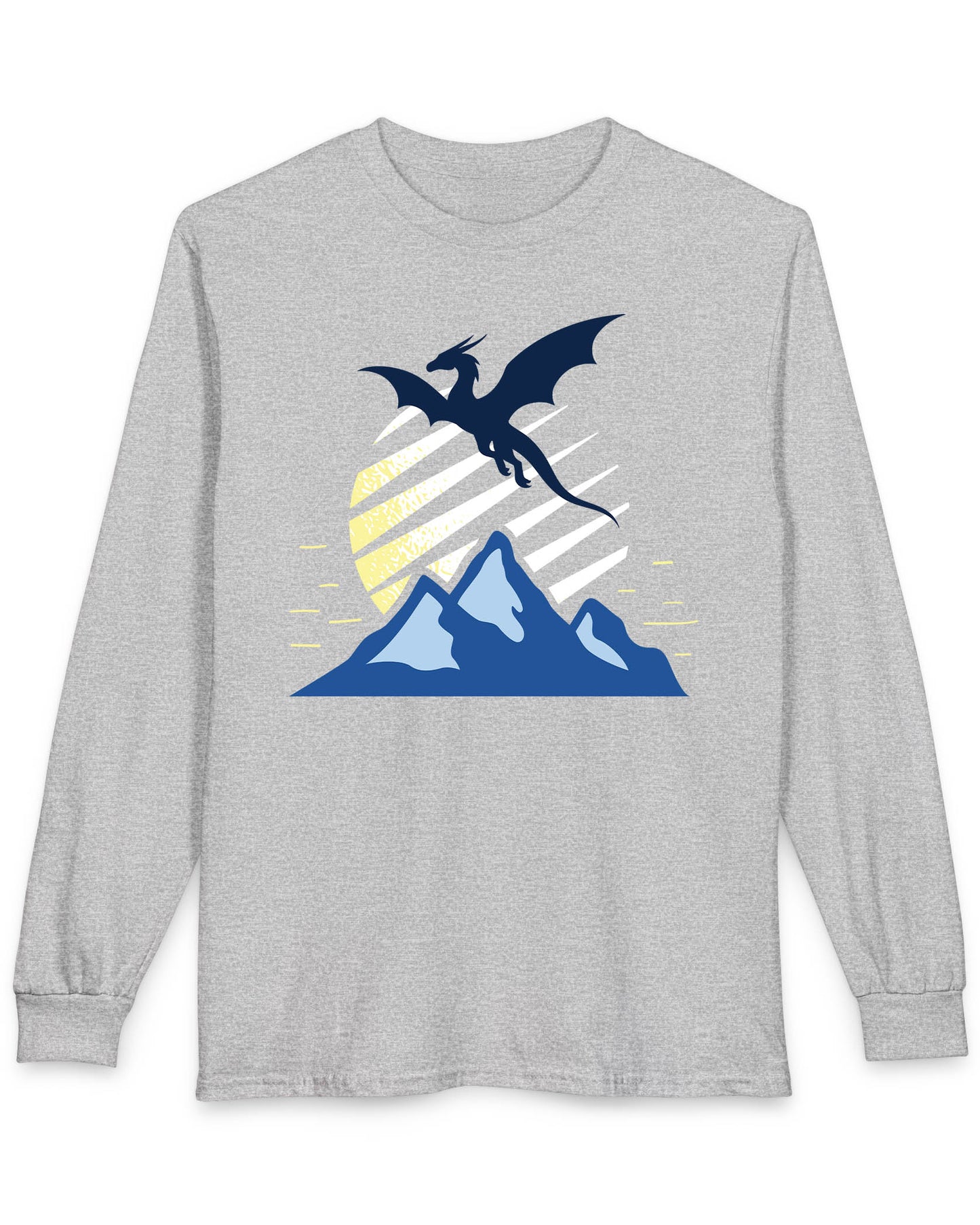 Above the Summit shirt in sport grey featuring a navy dragon silhouette flying above blue mountains and a striped sun