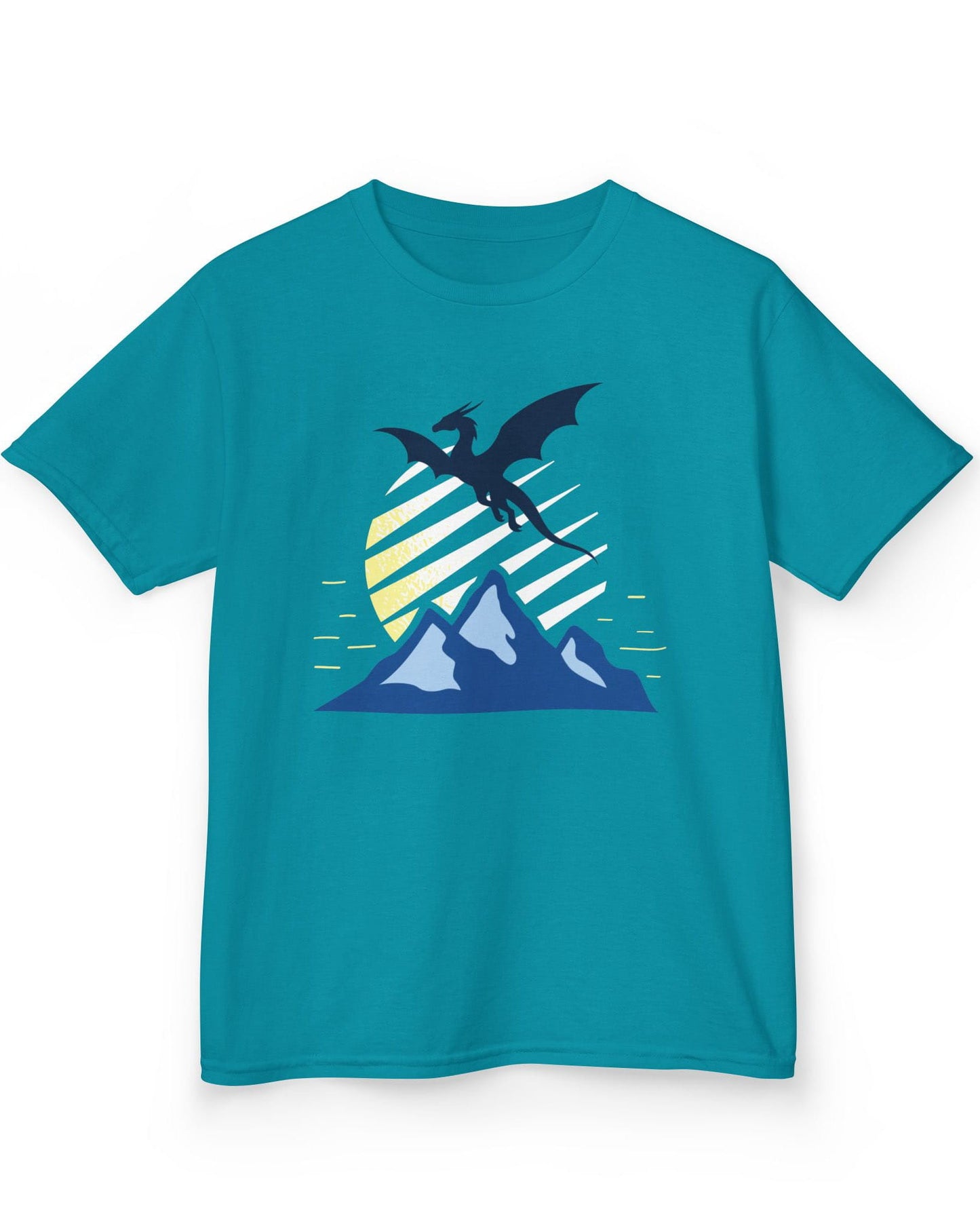 Above the Summit shirt in tropical blue featuring a navy dragon silhouette flying above blue mountains and a striped sun