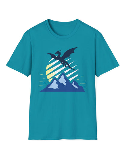 Above the Summit shirt in tropical blue featuring a navy dragon silhouette flying above blue mountains and a striped sun