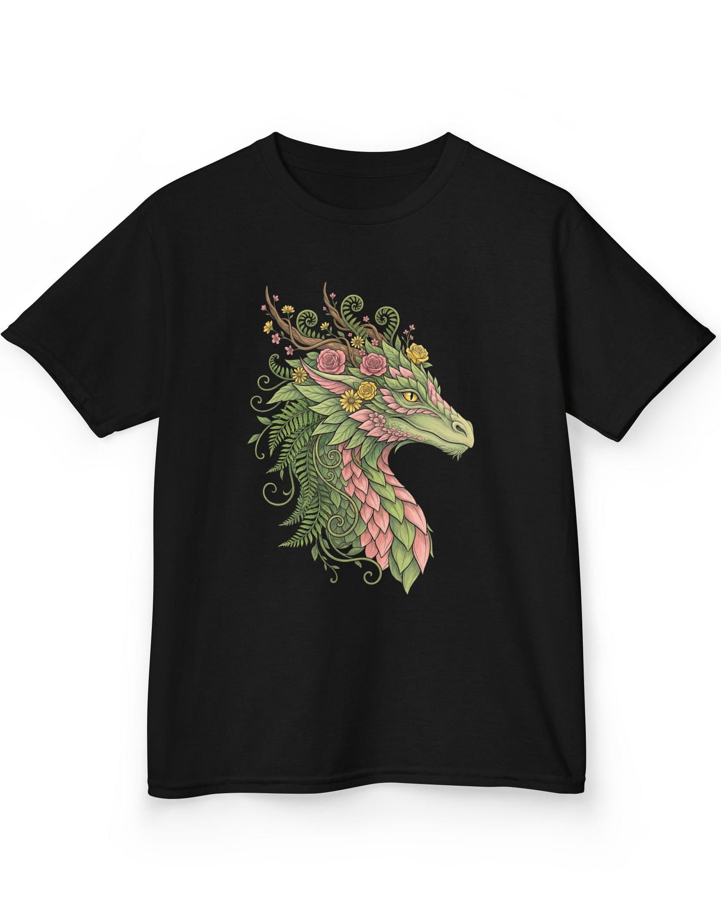 Woodland Reverie shirt in black featuring a green dragon with pink leaf scales, flowers, vines, ferns, and antlers