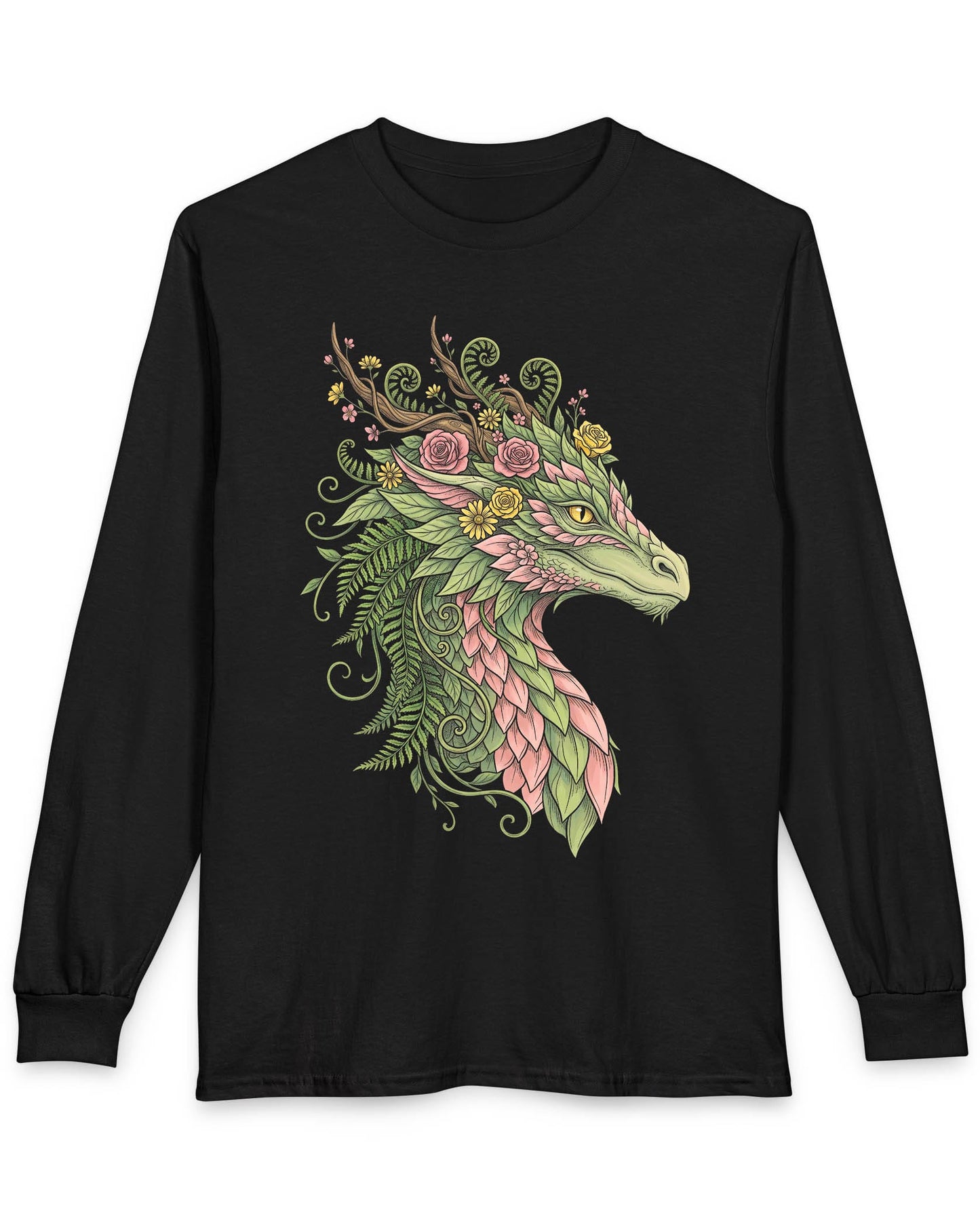 Woodland Reverie shirt in black featuring a green dragon with pink leaf scales, flowers, vines, ferns, and antlers