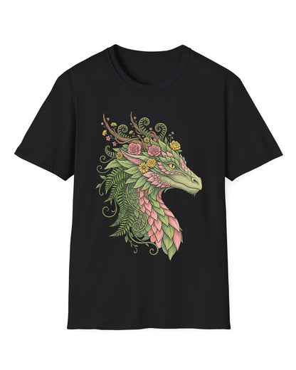 Woodland Reverie shirt in black featuring a green dragon with pink leaf scales, flowers, vines, ferns, and antlers