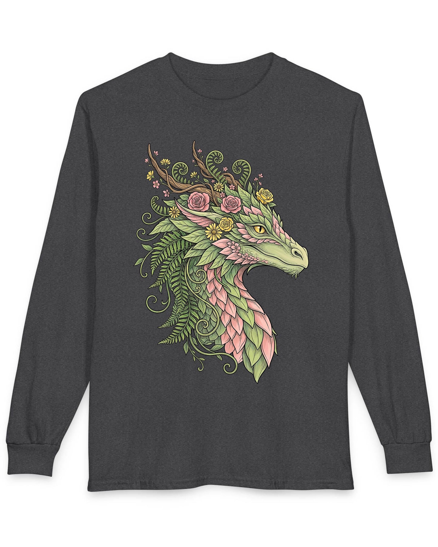 Woodland Reverie shirt in dark heather featuring a green dragon with pink leaf scales, flowers, vines, ferns, and antlers