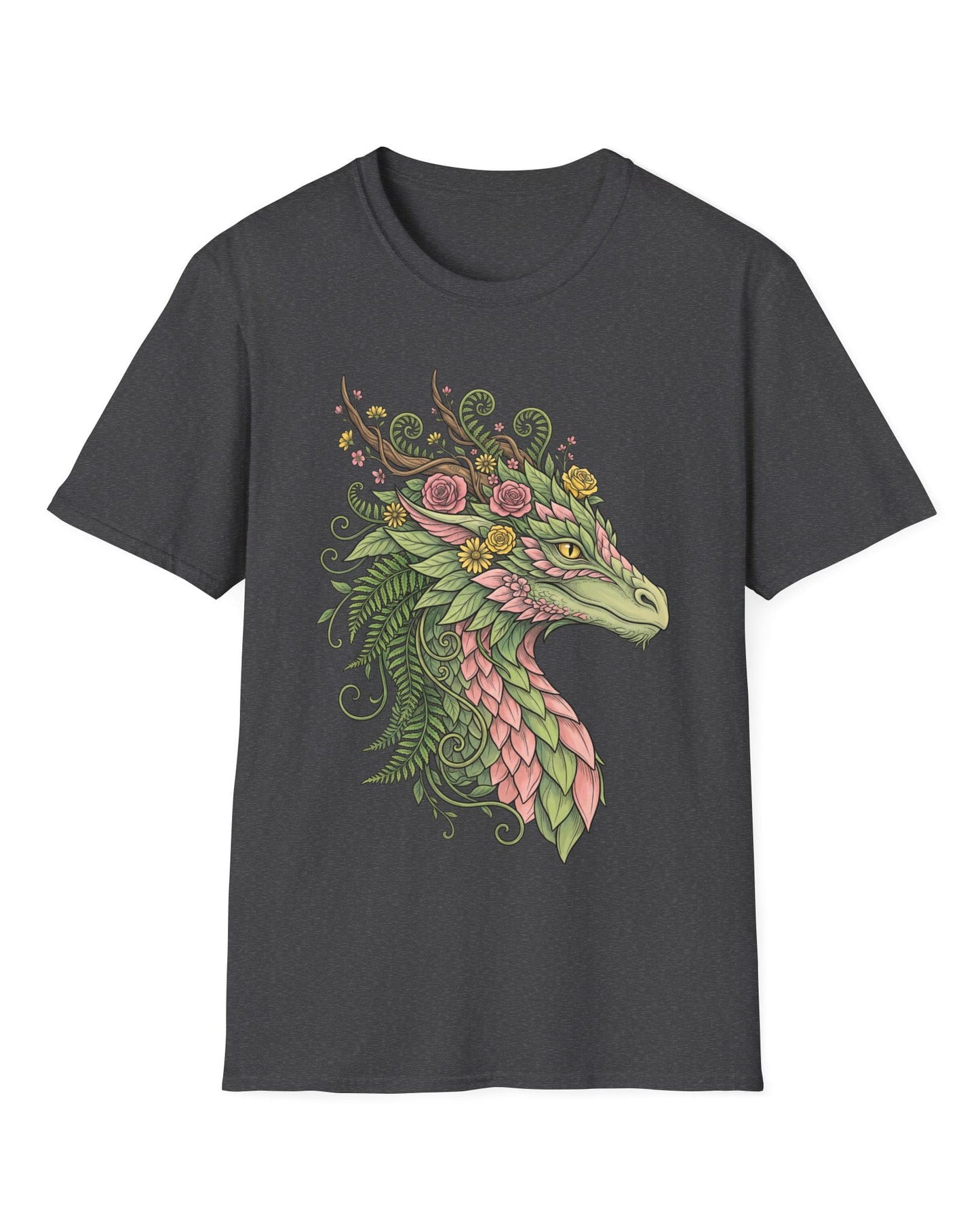 Woodland Reverie shirt in dark heather featuring a green dragon with pink leaf scales, flowers, vines, ferns, and antlers
