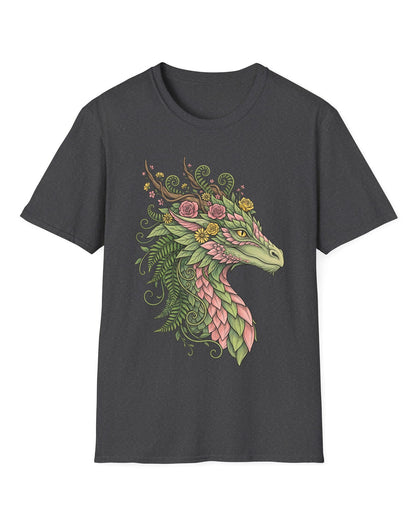 Woodland Reverie shirt in dark heather featuring a green dragon with pink leaf scales, flowers, vines, ferns, and antlers